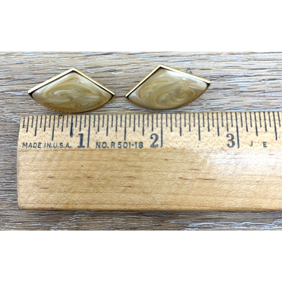 Gold Tone Stud Earrings w/ Creamy Swirl Enamel Secure Lock Back Closure - Picture 3 of 4